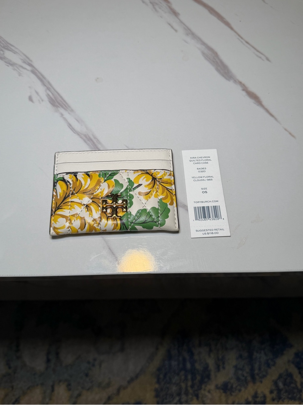Tory Burch White Floral Leather Card Case with Yellow & Green Accents